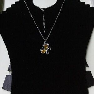 Elegant Silver and Champagne Color Butterfly Pendant Necklace